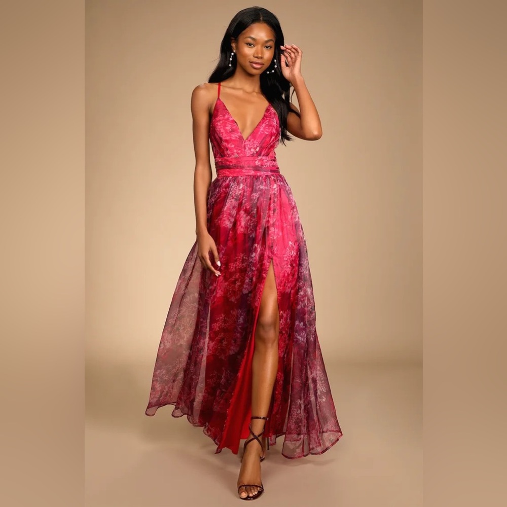 Romance That Wows Magenta Floral Print Organza Maxi Dress